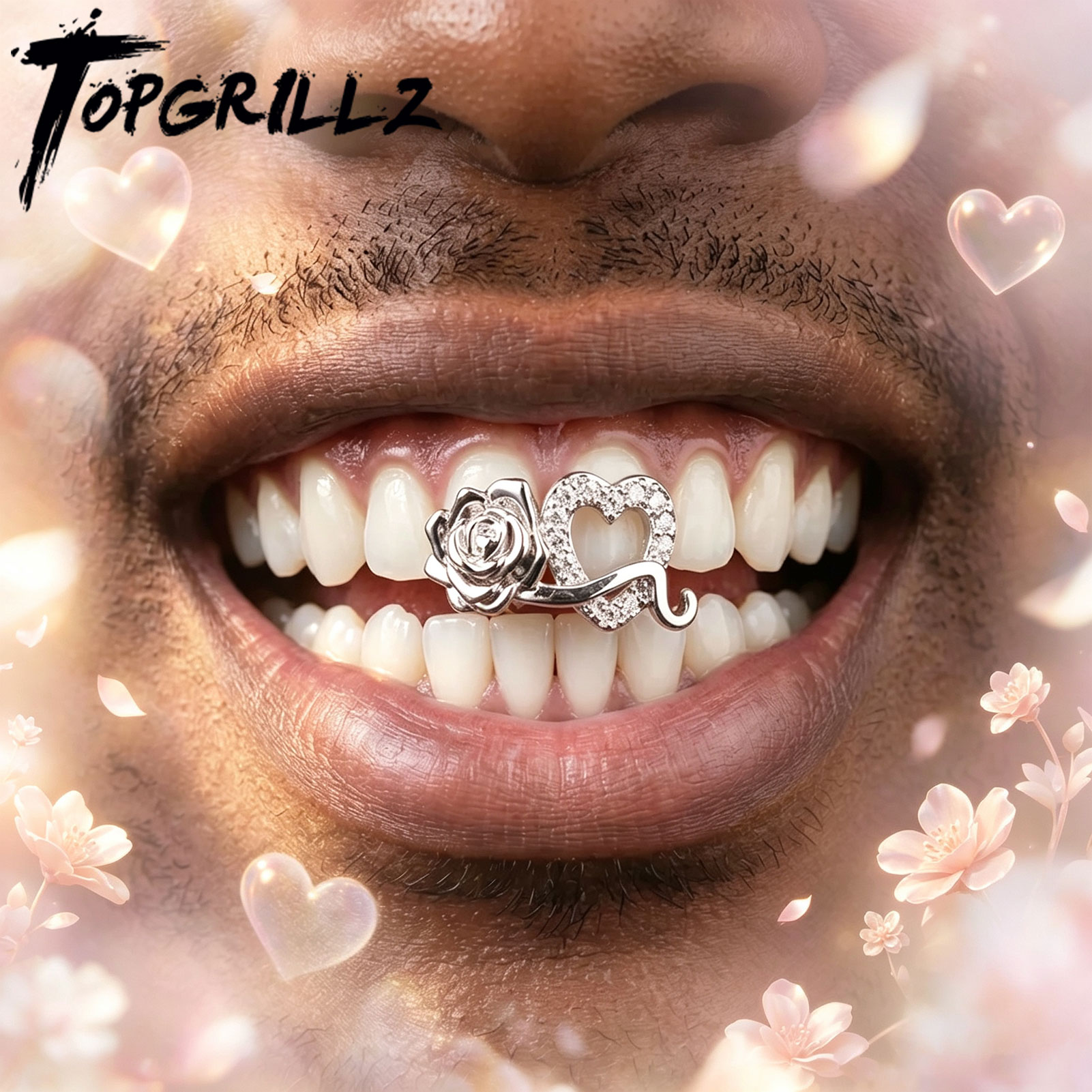 Streetwear Brand Hats - TOPGRILLZ Romantische Zirkon-Doppel-Hohlherz-Blumen-Zahnschmuckstücke Hip-Hop CZ-Stein-Zahnkappen für